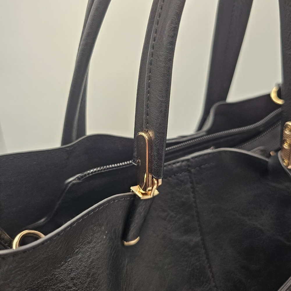 Womens Black Tote Handbag Crossbody Three division side pockets removable straps - Picture 4 of 11